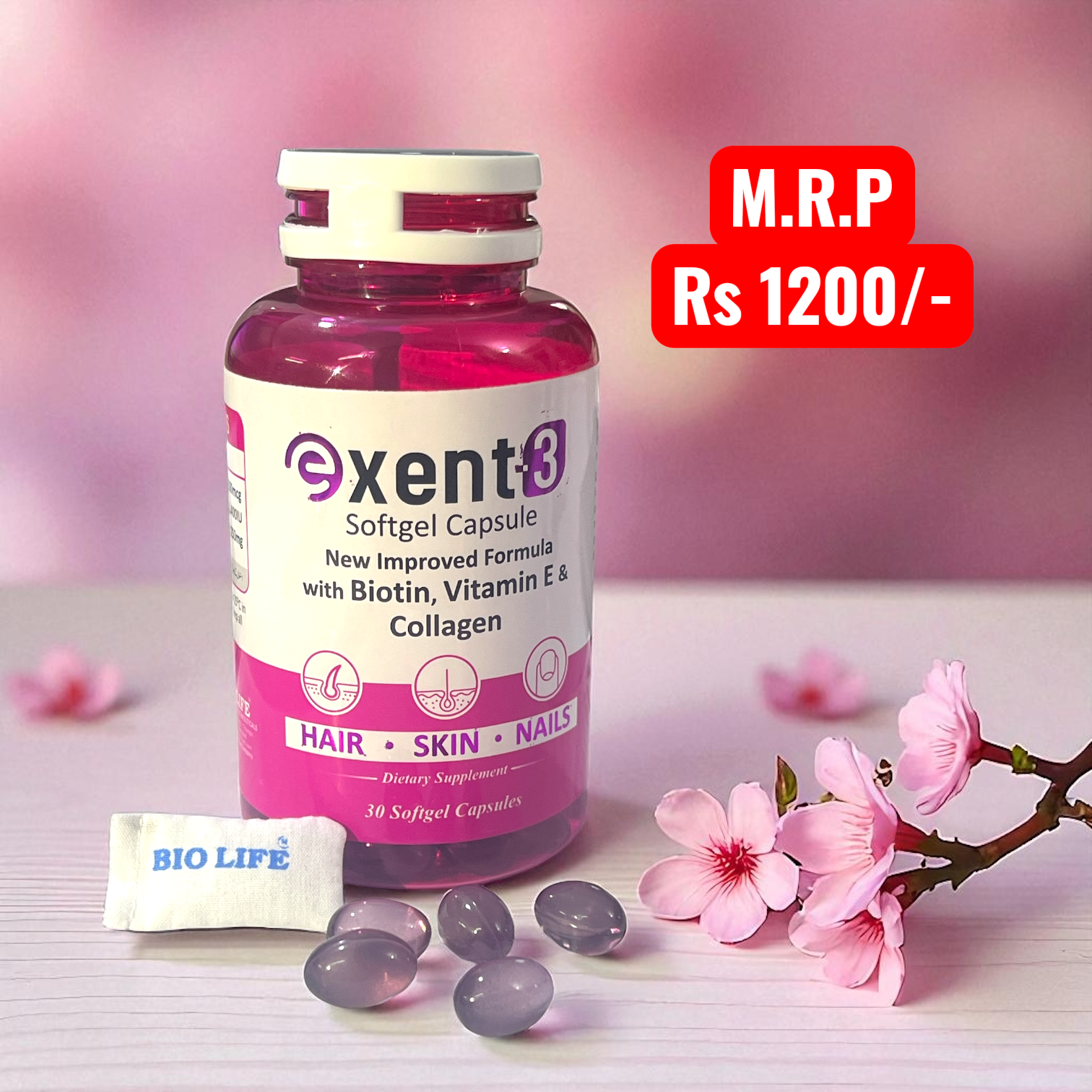 Exent-3 Softgel (Biotin + Vitamin E + Collagen)